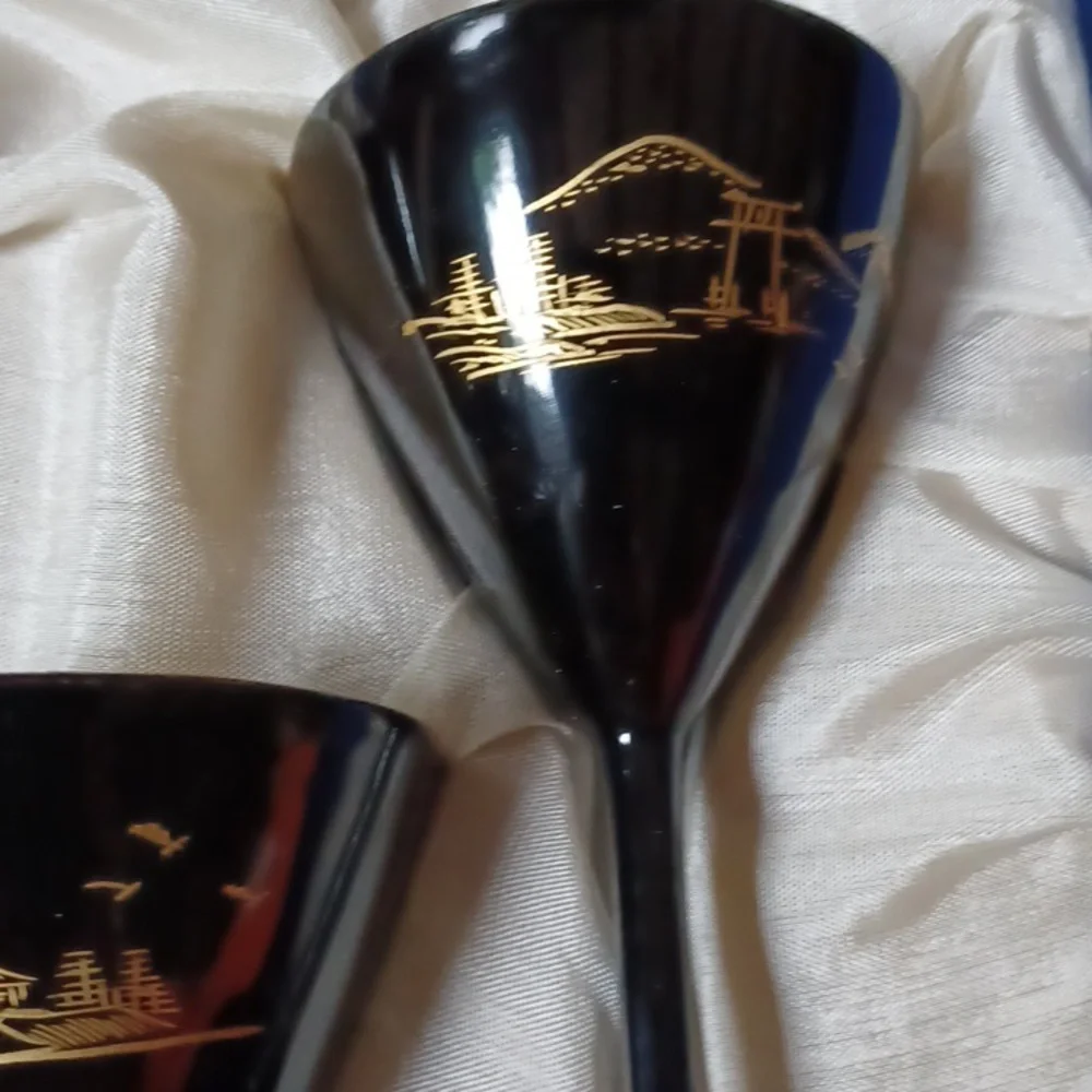 Japanese wooden lacquerware wine glass set and tray in box, vintage